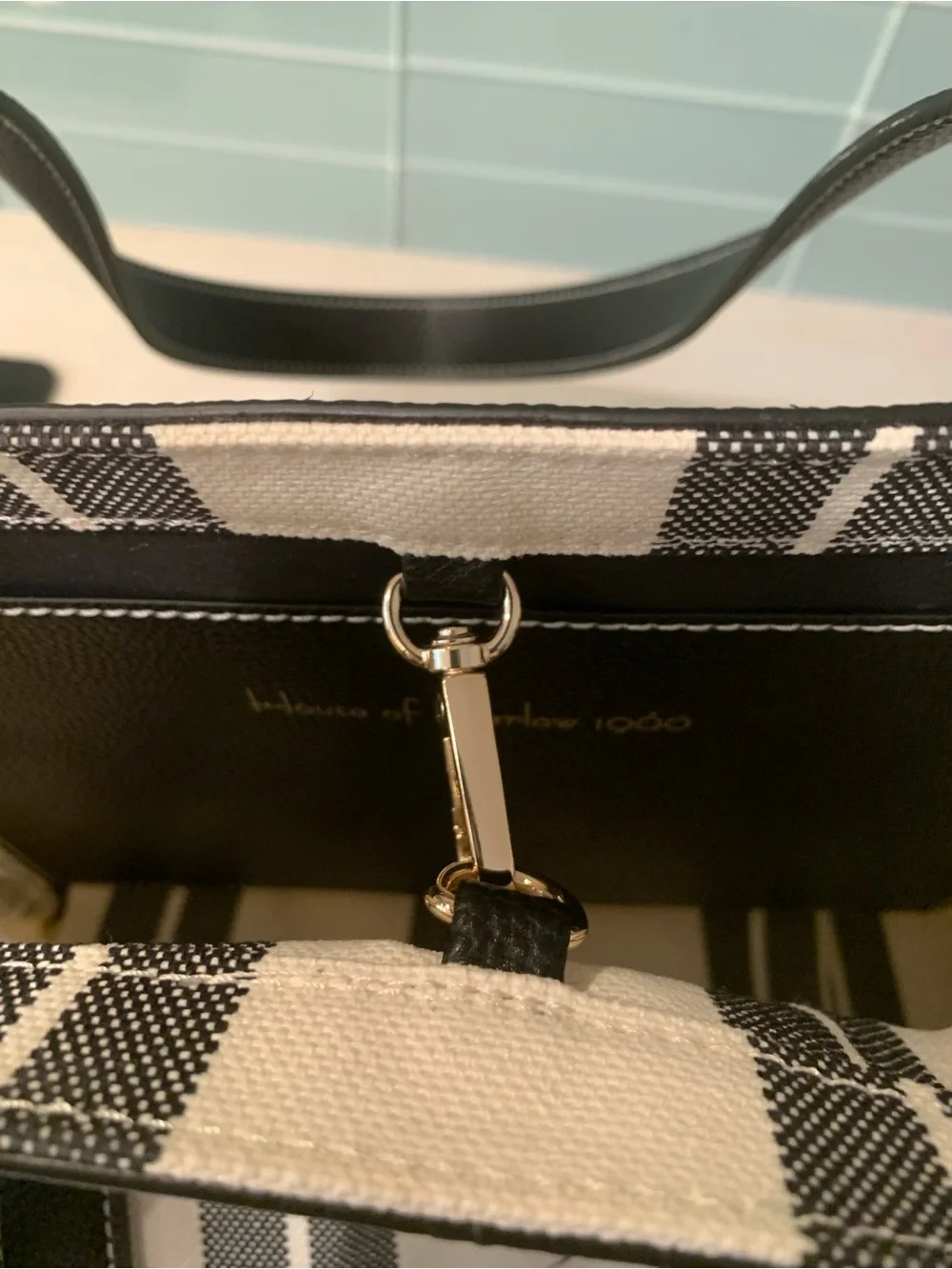 House of Harlow Black and White Striped Canvas Tote Fish Tassel Pouch NWT
